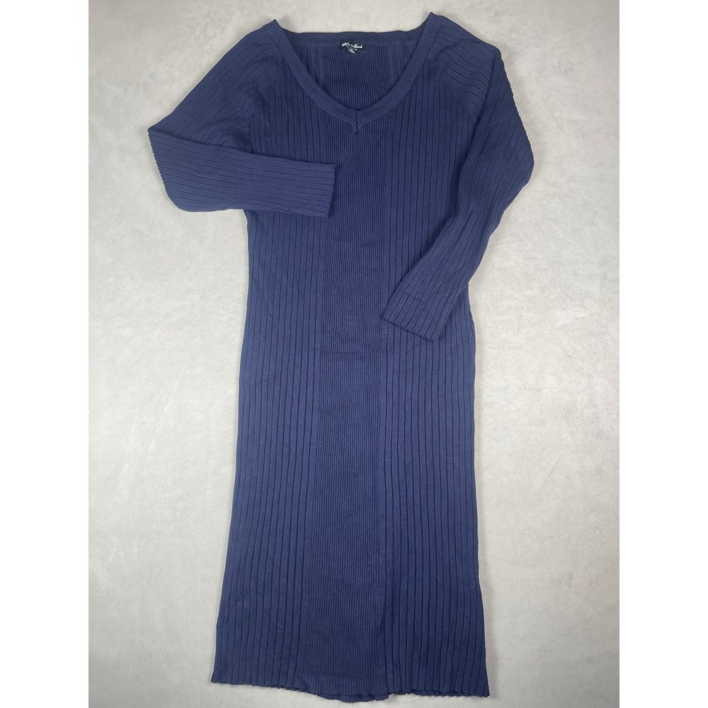White Mark Navy Blue Ribbed Knit V-Neck Midi Sweater Dress Womens Plus Size 1XL